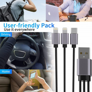 Cablu universal de incarcare 3 in 1 MTAKYI, USB/USB-C/Lightning, nailon, negru, 1,8 m - Img 2