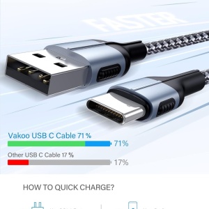 Cablu USB C Vakoo, nailon, gri/negru, 1 m