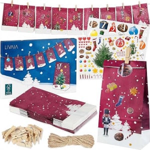 Calendar de Advent Livaia DIY cu 24 de pungi, autocolante decorative si numere