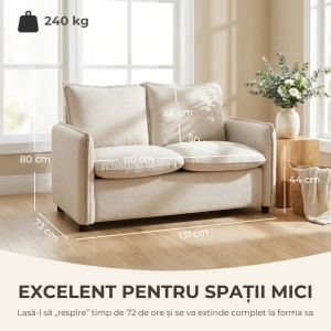 Canapea compacta 2 locuri, tesatura aspect piele poliester/spuma/metal/lemn, 131x73x80 cm, sezut 110x50x44cm perna 15cm, spatar perna 17cm, capacitate 240kg, alb crem - Verificat A · Re-Bloom - Img 2