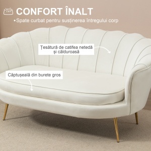 Canapea vintage 2 locuri Re-Bloom, catifea poliester/spuma cauciuc/metal, 130x77x77 cm, sezut 104x56 cm, 150 kg, crem/auriu - Verificat A · Re-Bloom - Img 6
