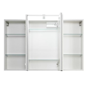 Cardiff dulap baie oglinda LED, 100x64x20 cm, 3 usi oglinda, 6 rafturi sticla, 300 lm, PAL alb, manere crom - Verificat A · Re-Bloom - Img 2