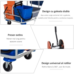 Carucior profesional de curatenie cu 4 galeti 118x73x103 cm, fier/PP/Oxford, tava port-obiecte, storcator inclus, gri - Verificat A · Re-Bloom - Img 6