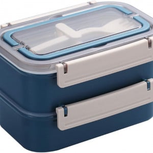Caserola cu 2 compartimente si tacamuri pentru pranz MELISEN, plastic/otel inoxidabil, albastru, 20 x 14 x 13 cm