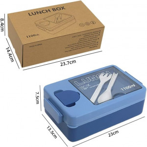 Caserola pentru pranz cu 3 compartimente si tacamuri Twirush, plastic, albastru, 1100 ml , 23 x 13,5 x 7,5 cm 