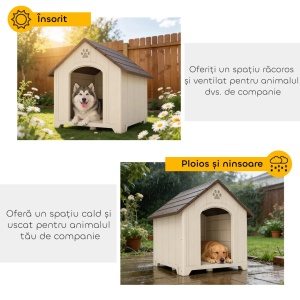 Casuta pentru caini de exterior talie mare/XL, PP impermeabil, 102x94x103 cm, interior 95x82x91cm, usa 42x63cm, ferestre 14x12cm, picioare 5cm, potrivita animale <75cm/<40kg, bej/maro inchis - Verificat A · Re-Bloom - Img 4