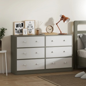 Comoda cu 6 sertare pliabile 114x30x70 cm, MDF, cadru otel, sertare textil netesut 100% poliester, manere duble, alb si gri - Verificat A · Re-Bloom - Img 2