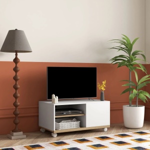 Comoda TV cu 2 rafturi Re-Bloom, PAL, alb/natur, 80 x 45 x 39.5 cm, Resigilat, Grad A - Img 4