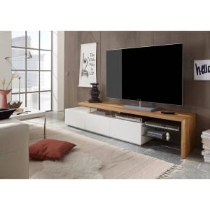 Comoda TV Molios II, MDF/sticla, alb/natur, 204 x 44 x 40 cm