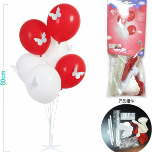 Copac cu 6 baloane cu 6 autocolante fluture PARTY GO, latex/plastic, rosu/alb, 80 cm - Img 3