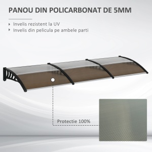 Copertina de exterior pentru usa/fereastra, policarbonat 5mm/aluminiu/PP, 303x96x27 cm, suport perete 96x27 cm, set suruburi inclus, negru - Verificat A · Re-Bloom - Img 4