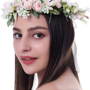 Coronita pentru dama Tiehan, model floral, matase, alb/roz/verde