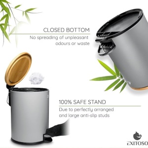 Cos de gunoi cu pedala Exitoso, Gri, Capac din lemn de bambus, Soft Close, 3l, Resigilat, Grad A - Img 3