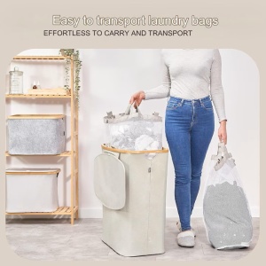 Cos de rufe Hennez cu 3 compartimente, premium, cu capac, sistem sortare, bej, 150 L, Resigilat, Grad A - Img 4