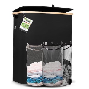 Cos de rufe Hennez cu 3 compartimente, premium, cu capac, sistem sortare, negru, 150 L, Resigilat, Grad A - Img 3