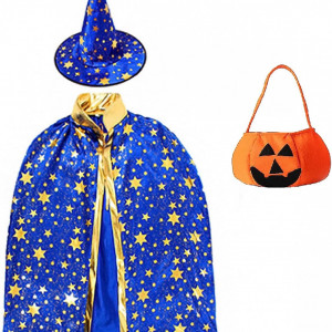 Costum de Halloween Hallojojo, 3 piese, poliester, albastru/auriu/portocaliu, potrivit pentru inaltimi de la 90 la 140 cm