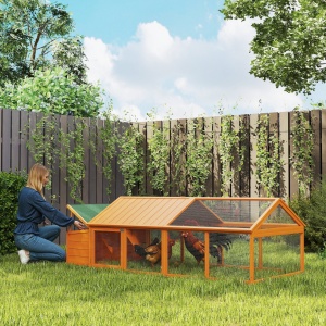 Cotet pentru gaini cu acoperis rabatabil si usa larga, lemn de brad/plasa metalica, 240x112.5x76 cm, streasina 49cm, cuib 37.5x93x43cm, usa 44x43cm, potrivit 4-8 gaini, portocaliu - Verificat A · Re-Bloom - Img 2