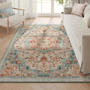 Covor vintage floral, textil, 160x230 cm, stil oriental, antiderapant, turcoaz/bej/roz - Verificat A · Re-Bloom