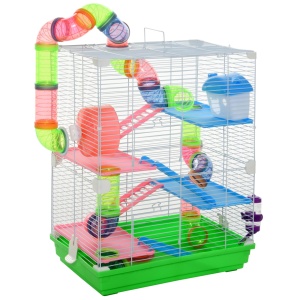 Cusca cu 5 niveluri pentru rozatoare, metal/PP/PS, 46x30x58 cm, roata Ø13x8cm, caseta 15x9x9cm, tuburi Ø5.5cm, bol + rezervor apa 80ml incluse, verde/alb - Verificat A · Re-Bloom