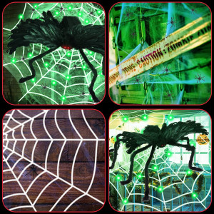 Decor de Halloween iluminat cu panza si paianjen gigant Herefun, plastic/textil, negru/verde