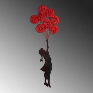 Decor de perete model fetita cu baloane, metal/muschi 100x34 cm, grosime 1.5mm, lucrat manual, rosu/negru - Verificat A · Re-Bloom - Img 5