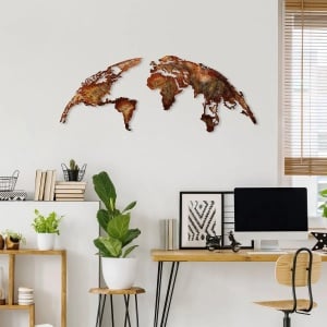 Decor de perete World Map din metal 150x59 cm, grosime 1.5mm, 3.255 kg, maro - Verificat A · Re-Bloom - Img 3