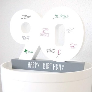 Decoratiune/ carte de oaspeti pentru aniversare/nunta 90 ani Huckleberry Home®, lemn, alb, 30 x 4 x 22,5 cm