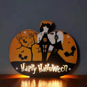 Decoratiune pentru Halloween, model dovleac, LED, lemn, 23,5 x 19,7 cm - Img 1