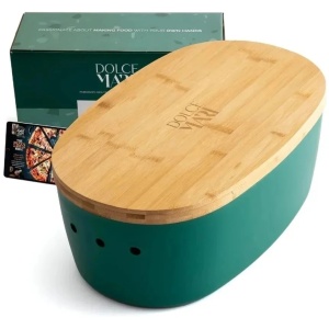 Dolce Mare cutie paine polipropilena alimentara, 38.1x25.4x15.2 cm, capac bambus cu tocator, gauri ventilatie, verde/natur - Verificat A · Re-Bloom