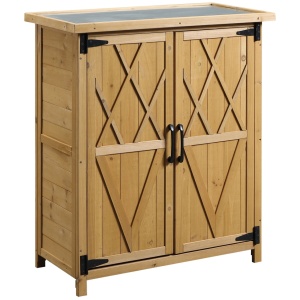 Dulap de gradina pentru unelte, lemn de molid/tabla zincata, 75x40x90 cm, 2 usi 31x76cm, 4 rafturi 34x30x20.5cm, compartiment stang 30x30x77cm, capacitate 10kg/raft, natural - Verificat A · Re-Bloom