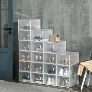 Dulap de pantofi modular, 18 cutii PP transparente, 25x35x19 cm/cutie, usi magnetice, orificii ventilatie, stivuibil, marime max EU43, 8kg, transparent/alb - Verificat A · Re-Bloom - Img 2
