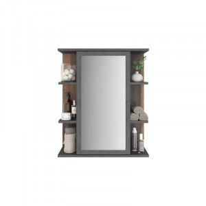 Dulap pentru baie cu oglinda Finulf, lemn masiv/sticla, gri/maro, 60 x 71,5 x 25,2 cm