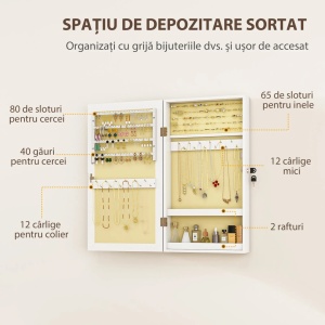 Dulapior oglinda pentru bijuterii montabil pe perete, MDF, 36.5x9.5x67 cm, oglinda 27.8x58.3 cm, 2 chei, capacitate 5kg, alb - Verificat A · Re-Bloom - Img 5