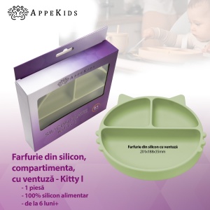 Farfurie compartimentata din silicon cu ventuza, AppeKids - Kitty - Raw Green - Img 2