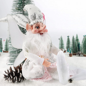Figurina Elf de Craciun ABXMAS, textil, alb/roz/argintiu, 50 cm - Img 6