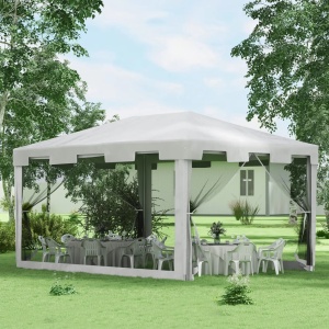 Foisor de gradina 4x3m, metal/PE, 395x295 cm, inaltime 200/255 cm, plasa tantari, 2 intrari, 4 franghii + 8 tarusi inclusi, alb/negru - Verificat A · Re-Bloom - Img 2