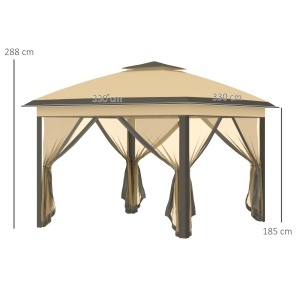 Foisor pliabil cu plasa de tantari si baldachin dublu, otel/Oxford/Mesh, 330x330x288 cm, streasina 198cm, pliat 21.5x21.5x116cm, 4 corzi + 8 cuie + geanta transport incluse, bej - Verificat A · Re-Bloom - Img 3