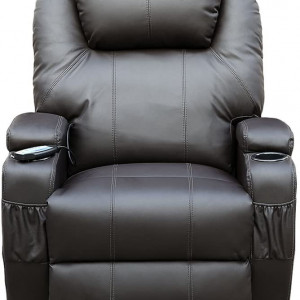 Fotoliu recliner Cinemo, cu masaj, incalzire, rotativ si cu suport pentru bauturi, piele naturala, negru - Img 2