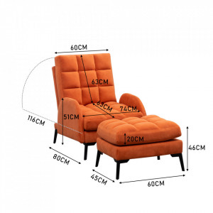 Fotoliu recliner Velvet, catifea mată, cu taburet, portocaliu - Img 4