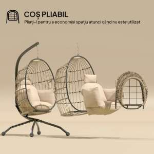 Fotoliu suspendat tip ou pliabil, otel/franghe PP/poliester/bumbac, 120x88x192 cm, cos 76x63x106 cm, 2 perne detasabile, suport pahar, lant reglabil, baza X otel, capacitate 120kg, interior/exterior, bej - Verificat A · Re-Bloom - Img 5