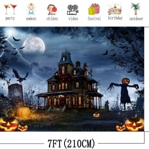 Fundal foto pentru Halloween Aiikes, model casa bantuita, vinil, multicolor, 210 x 150 cm