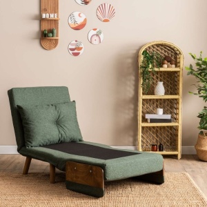 Futon fotoliu extensibil 77x70x82 cm, pat 190x70 cm, spatar 14 pozitii, tapiterie poliester, cadru metal, brate lemn, verde - Verificat A · Re-Bloom - Img 4