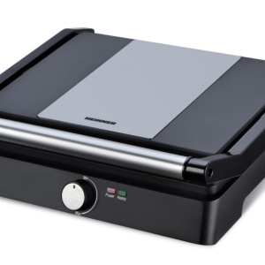 Grill electric Heinner HEPG-F2000BKSS, Putere 2000W, Placi fixe antiadezive, Deschidere 180°, Temperatura reglabila, Negru/Inox