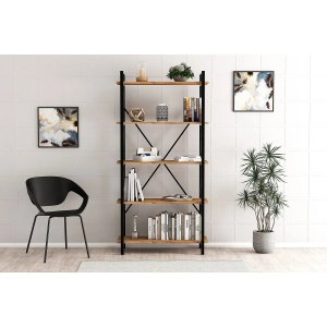 Hanah Home biblioteca industriala 90x33.5x180 cm, PAL melamina 100%, cadru metal electrostatic, raft 55cm, pin atlantic/negru - Verificat A · Re-Bloom - Img 2