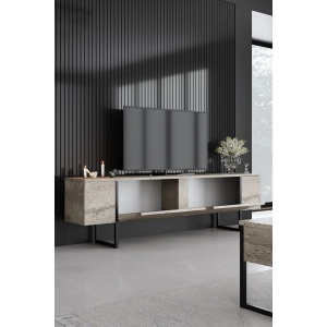 Hanah Home comoda TV 180x30x50 cm, PAL 18mm melaminat, picioare metal, travertin si negru - Verificat A · Re-Bloom - Img 4