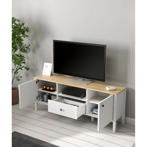 Hanah Home comoda TV living 150x58x35 cm, PAL 18mm, cant 0.8mm, picioare MDF, manere metal, lemn si alb - Verificat A · Re-Bloom - Img 3