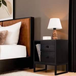 Hanah Home noptiera dormitor 45x30x50 cm, PAL 18mm, 2 sertare, picioare de metal, negru lemn si negru - Verificat A · Re-Bloom - Img 4