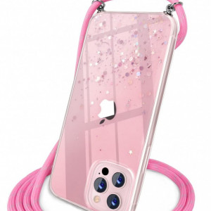 Husa cu snur pentru iPhone 13 Pro UNDEUX, silicon/textil, roz, 6,1 inchi - Img 2