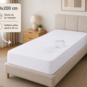Husa saltea impermeabila 100% Frotir, acoperire integrala, alba, dimensiunea 90×200 cm+30 cm