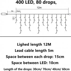 Instalatie tip perdea Flachi, LED, multicolor, 12 m, 400 LED-uri